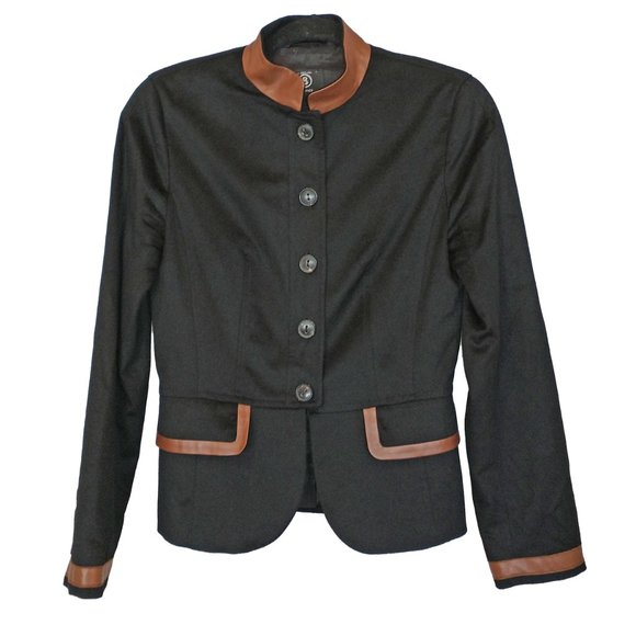 Bogner Black Angora Blend Military Style Blazer with Leather Trim - Size 6 - Picture 2 of 6